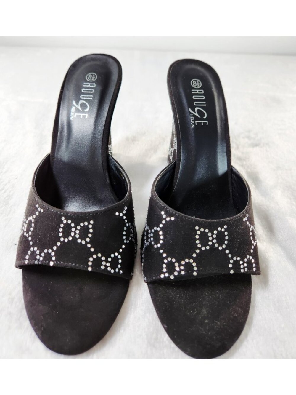 Rouge Helium Rhinestone Wedge Mules-Black-SZ 8.5